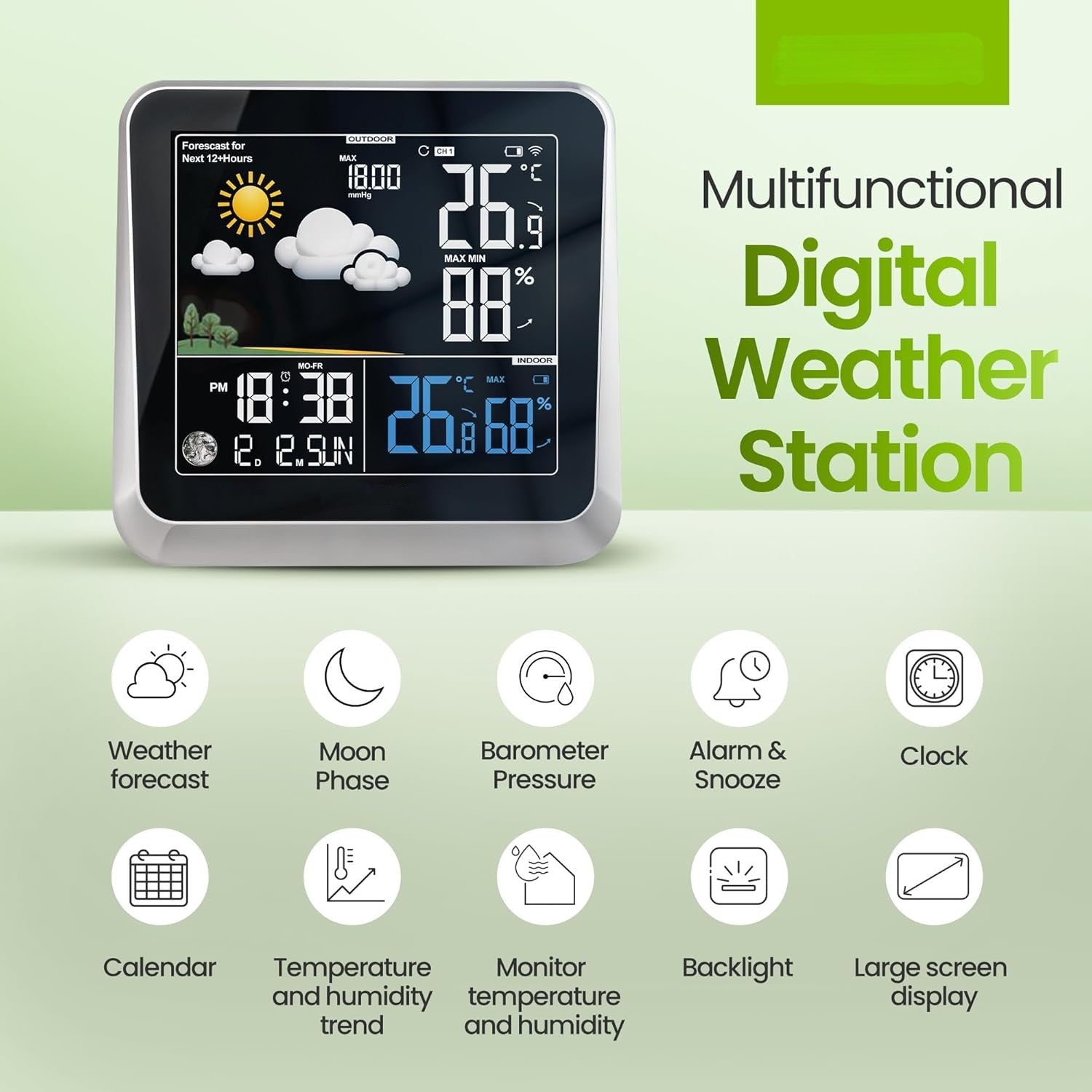 Home Weather Station & Indoor/Outdoor Thermometer Wireless – Weather Forecast, Barometer & Moon Phase Display