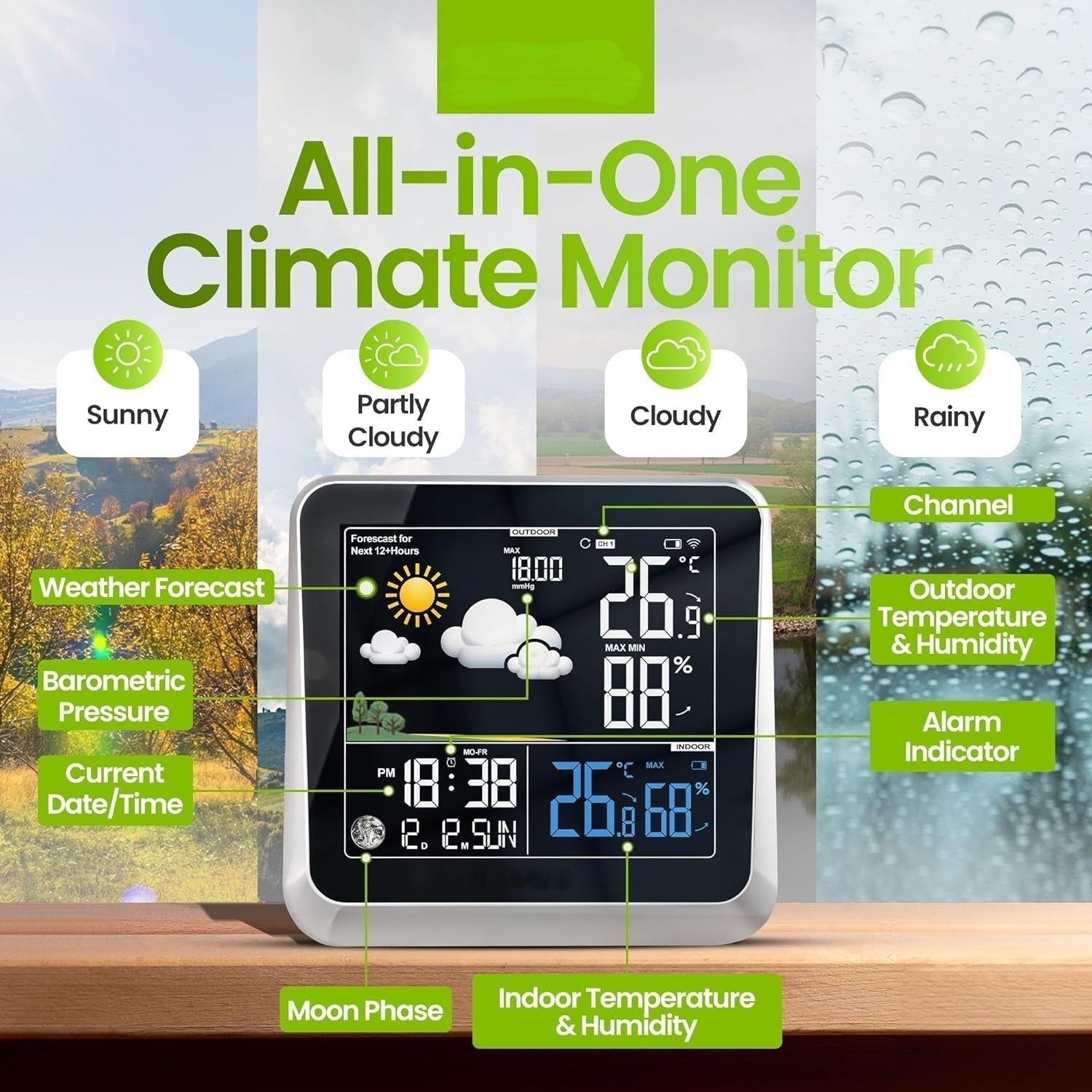 Home Weather Station & Indoor/Outdoor Thermometer Wireless – Weather Forecast, Barometer & Moon Phase Display